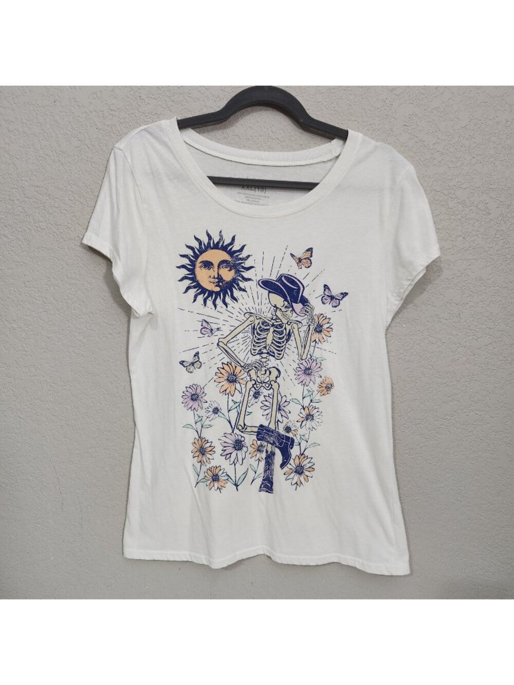 Cowboy Skeleton Graphic Tee With Sun Flowers & Butterflies White Social Edition